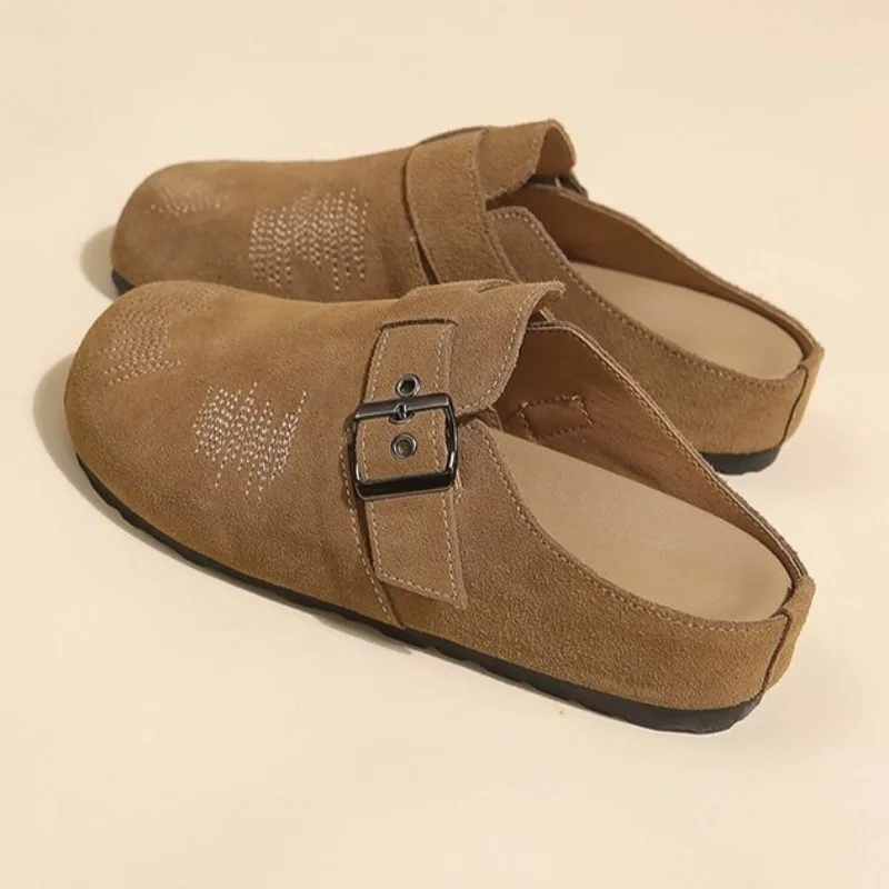 

Женские туфли без каблуков на плоской подошве, модные осенние тапочки с вышивкой, новинка 2024, дизайнерские сандалии с открытой пяткой, замшевые сандалии с пряжкой, Zapatillas De Mujer