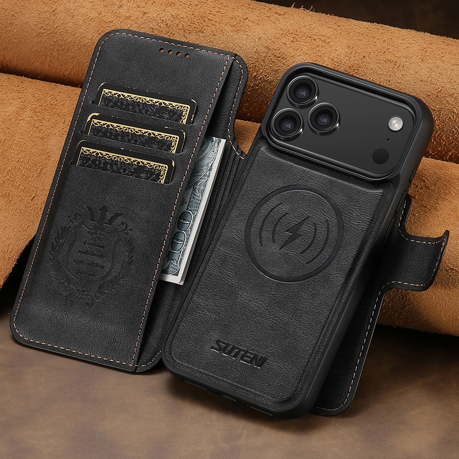 SUTENI Kunstleder Kabelloses Ladegerät Kartenhalter Ständer Brieftasche Magnetische Klapphülle Handyhülle für iPhone 18 Pro Max 17 16 15 14 – Detail 2