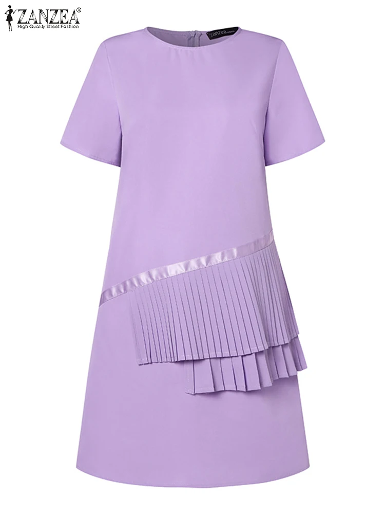 ZANZEA-Mini Robe à Volants pour Femme, Manches Courtes, Col Rond, Couleur Unie, Robe d'Été Élégante, Ligne A, Éducative, 2024