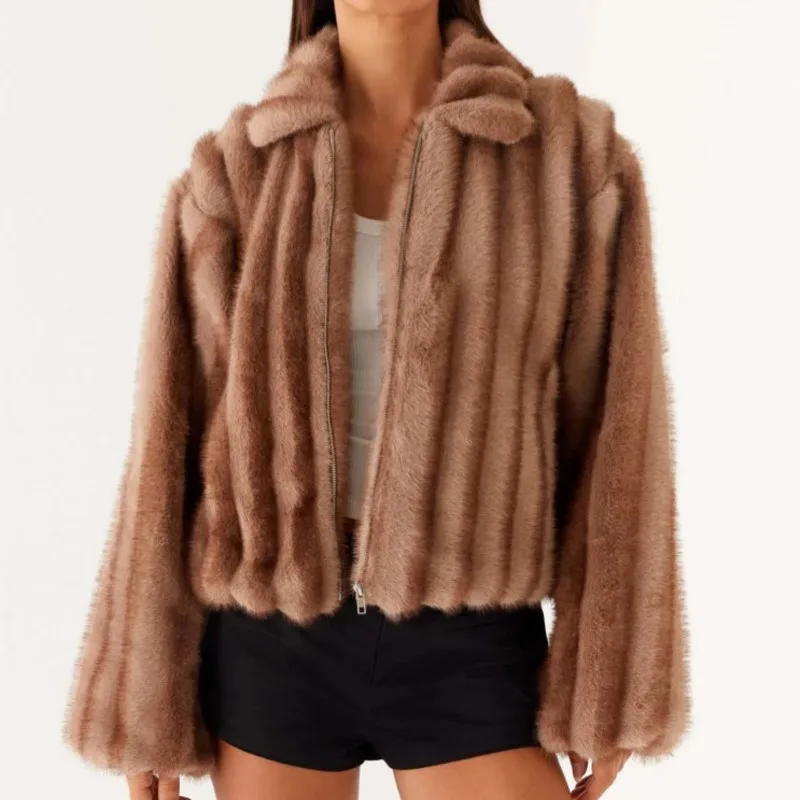 

2025 женская зимняя куртка из искусственного меха, пальто, уличный тренд, теплый плюшевый верх, меховая верхняя одежда, утепленные модные пальто, повседневная пушистая одежда
