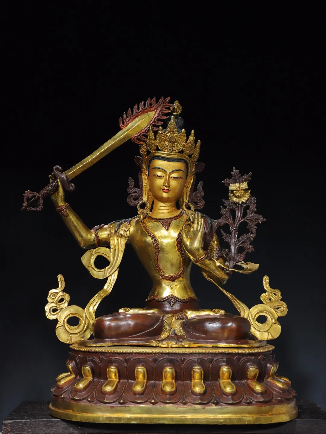 

26"Tibetan Temple Collection Old Bronze Gilded Cinnabar Manjushri Bodhisattva Buddha Lotus Platform Worship Hall Town house