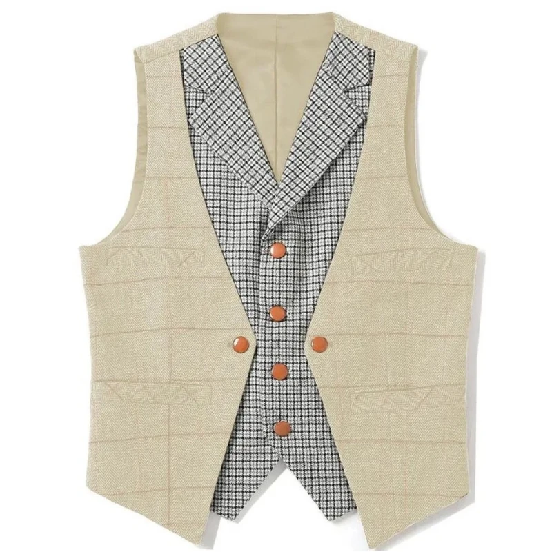 Black Men Vest Brown Slim Fit V Neck With Gray Grid Single Breasted Waistcoat Casual Formal Business Men Coat