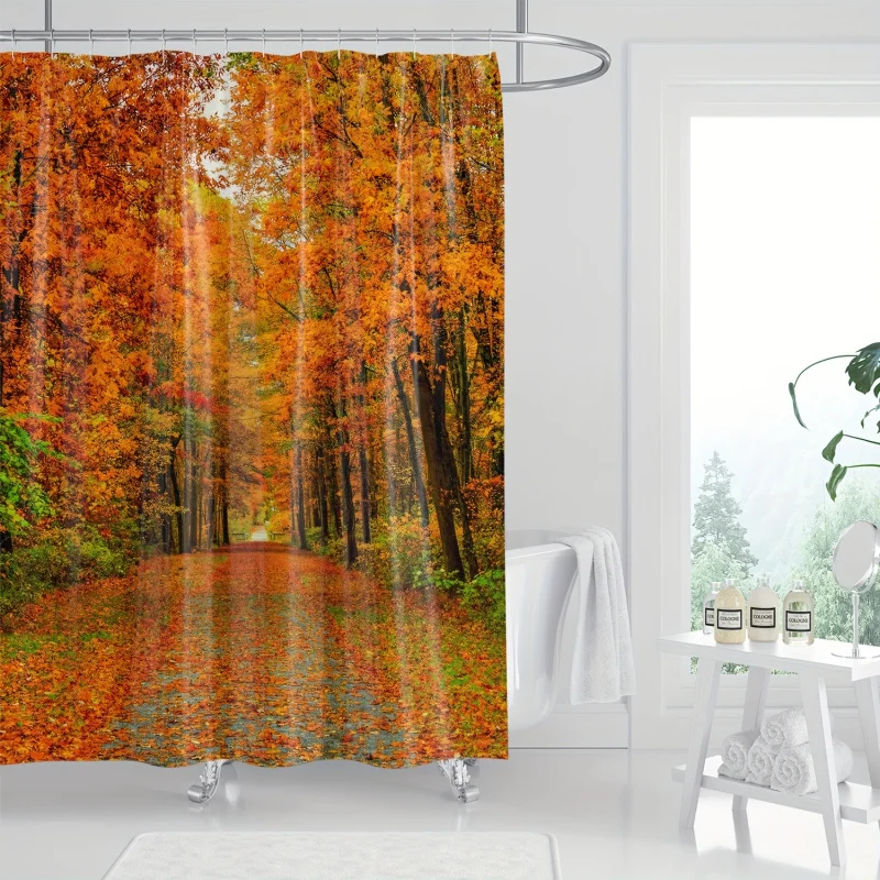 Autumn Bliss: 1pc waterproof shower curtain with serene scenery print, includes hooks-perfect for all seasons