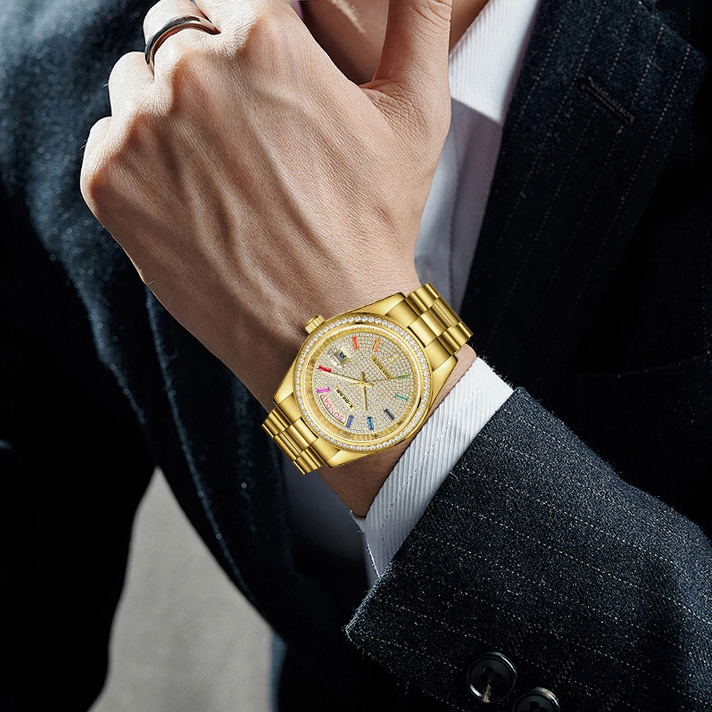 Złoty męski zegarek ze stali nierdzewnej 41 mm, tarcza wysadzana diamentami, mechanizm mechaniczny, wodoodporny, świecący w ciemności, modny styl biznesowy.