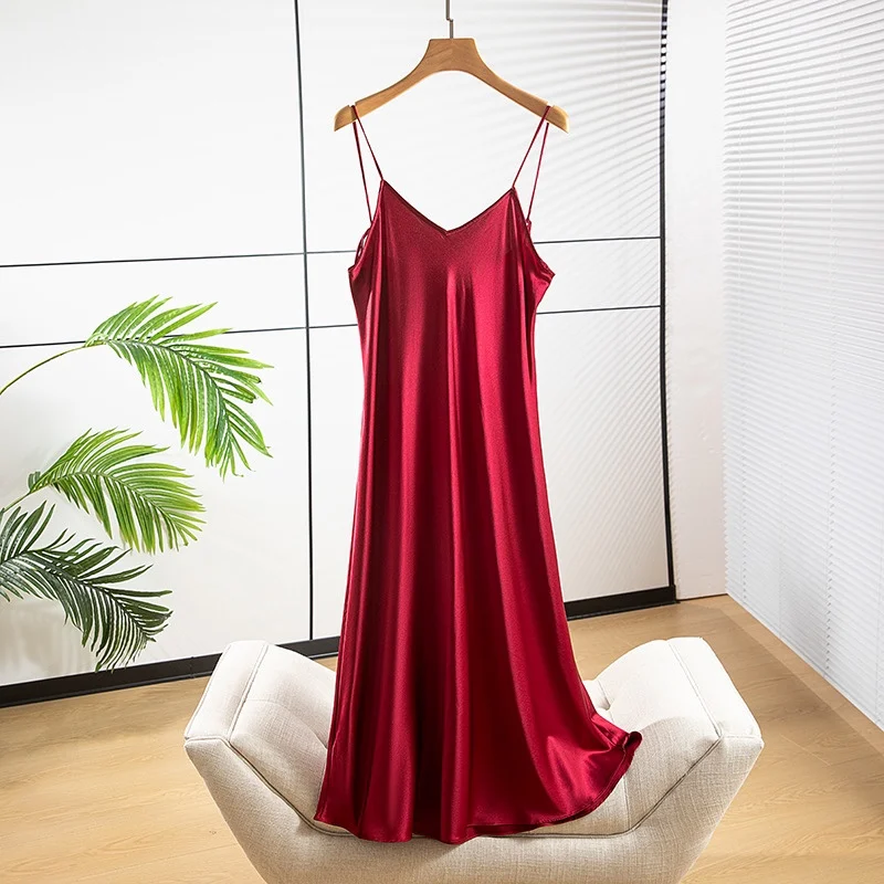 

93% Mulberry Silk 7% Spandex Charmeuse Silk Women Wine Red Adjustable Straps Full Slip Chemise Madi Dress Nightgown L XL QQ050