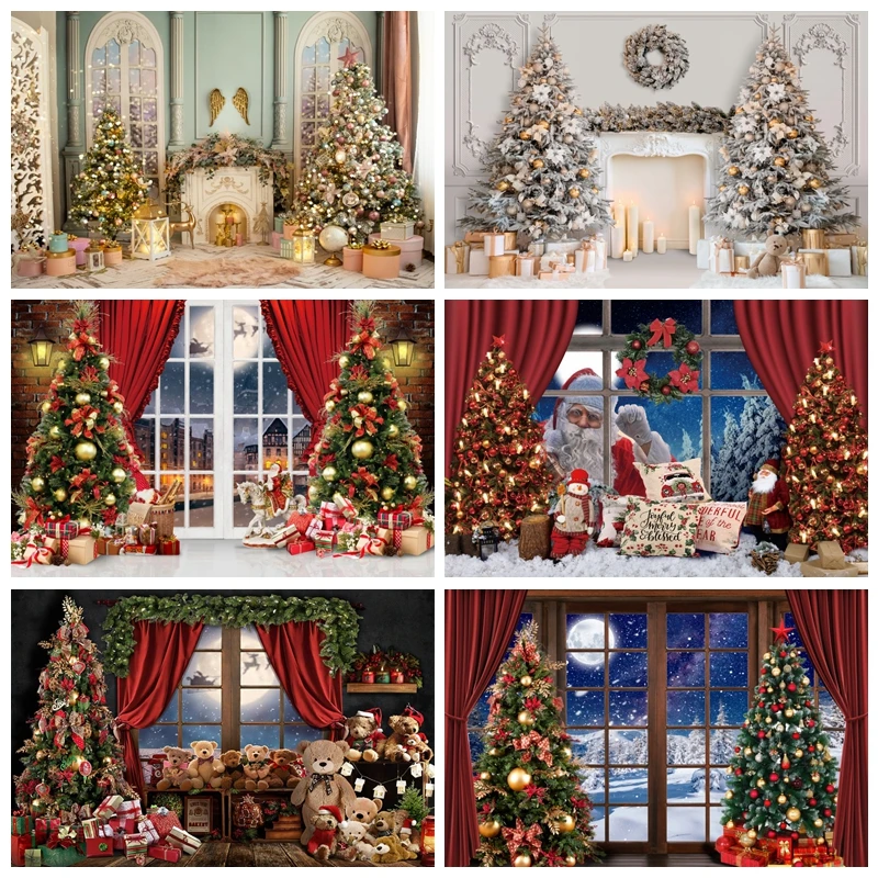 

Merry Christmas Backdrop Xmas Tree Gift Window Fireplace Winter Baby Family Portrait Decor Photography Background Photo Props