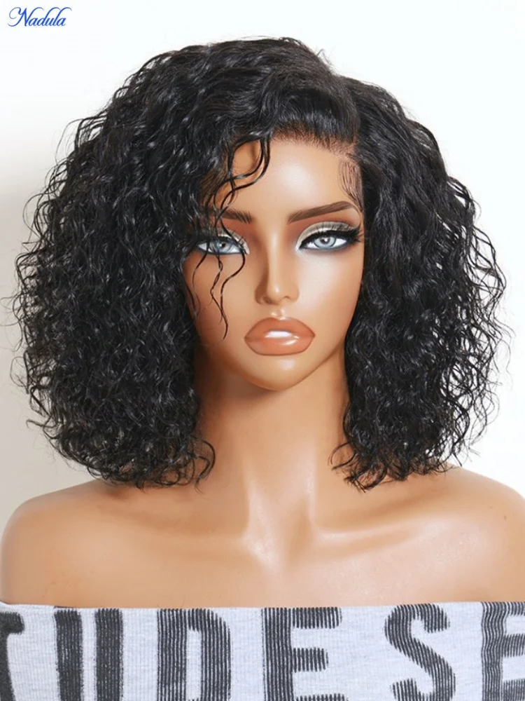Nadula 13x4 Lace Frontal BOB Wig With Baby Hair 100% Human Hair 10inch Water Wave Side Part Pre Cut HD Lace Pre Bleached Tiny Knots Drawstring Glueless Wig Ready to Wear No Tangle No Shedding Suitable for All Size Heads 30 Days No Reason Free Local Return