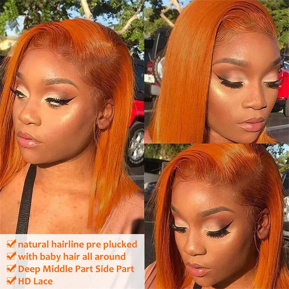 Peruca dianteira do laço marrom de gengibre, Osso peruca reta, Cabelo humano indiano cru, Laranja Ginger Lace Frontal Wig, Peruca curta Bob, 180%