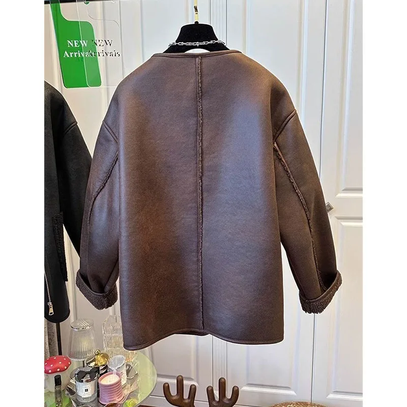 Middle Aged Women's Black Join Together Leather Jacket Women's Thicken Autumn Winter New Faux Fur Coat Leather Jacket PU Coat