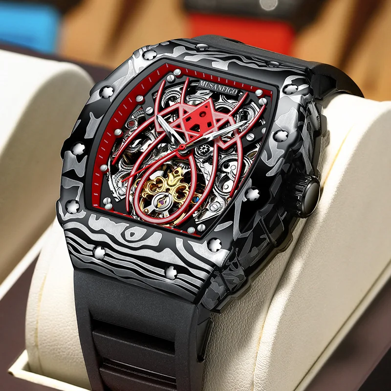 Luxury Tourbillon Mechanical Watch for Men Sport Silicone Strap Waterproof Fashion Skeleton Watches Men Tonneau Dial Wristwatch