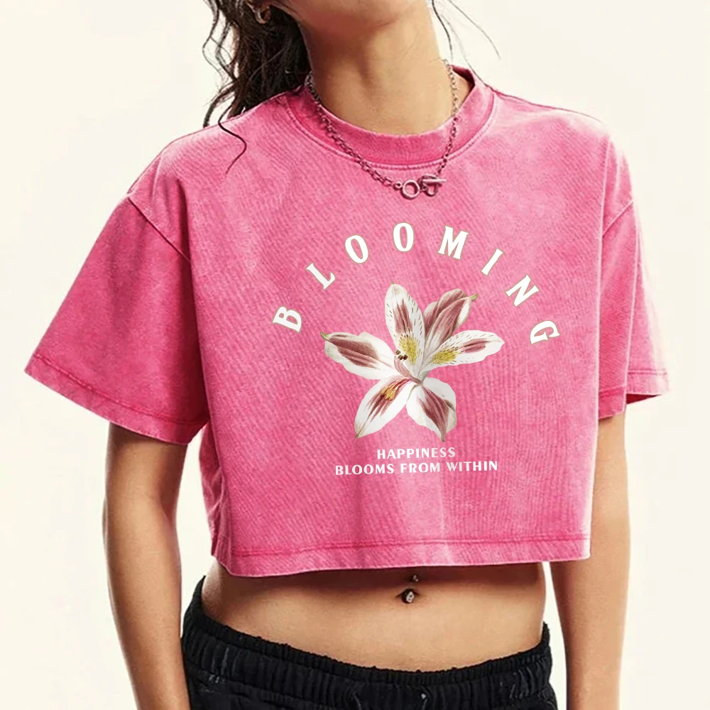 Blooming Flower Creative Prints Washed T-Shirt Women Cotton Casual Tee Shirt Fashion Street Short Sleeve Female Slim Tee Shirts