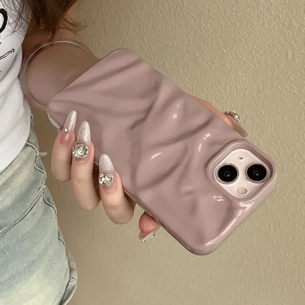 

3D Anti Slip Wrinkle Silicone Case For iPhone 11 12 13 14 15 16 Pro Max Candy Color Shell For iPhone 15 16 Plus Creative Cover
