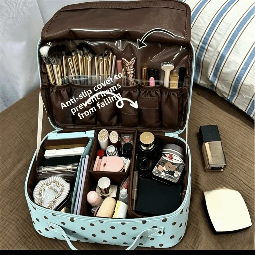 Large Capacity Handheld Makeup Bag PU Leather Sturdy Handle Cosmetics Handbag with Mirror Polka Dot Portable Toiletry Pouch