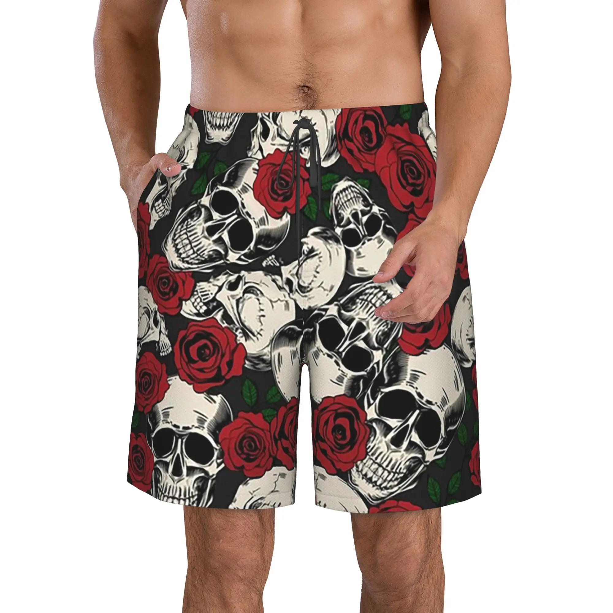 Vintage Skulls & Roses Pattern Trunks Beach Board Shorts Casual Quick Dry Swim Summer Men Pants