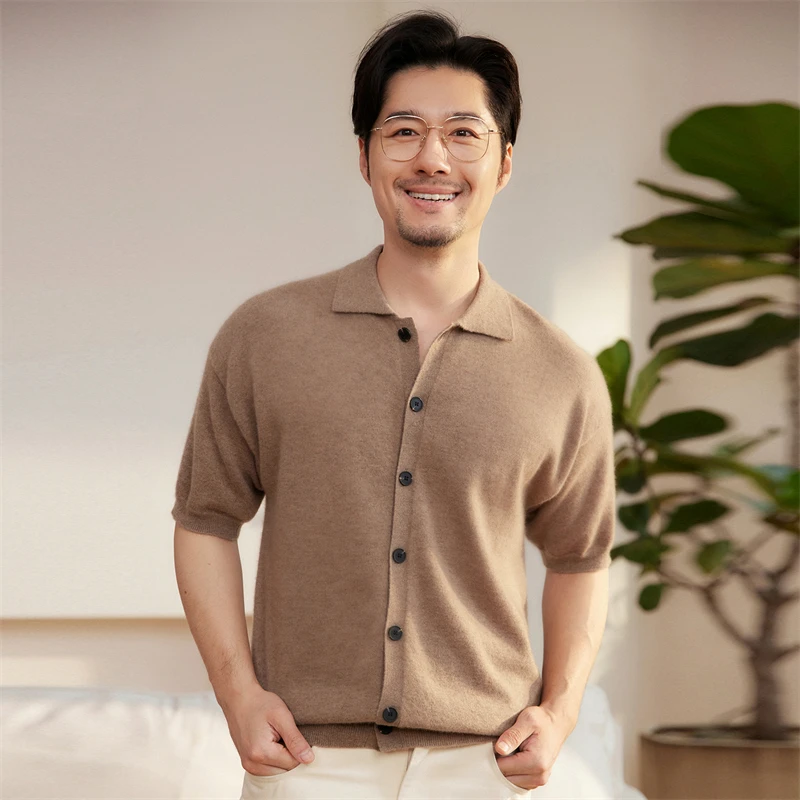 Men's High-End A-Class 100% Pure Cashmere Vintage Style Short-Sleeved Polo Collar Cardigan Business Casual Lapel Sweater  Autumn