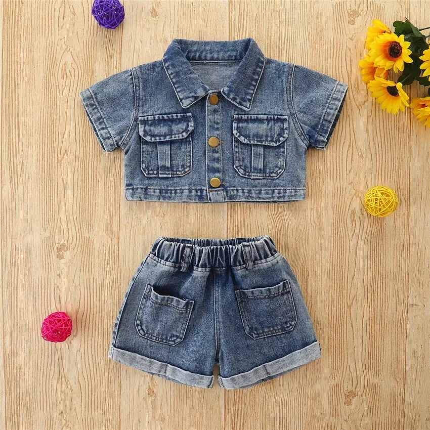 BABY cross-border children's summer foreign style girls' denim two-piece short-sleeved cardigan + shorts 90-130cm