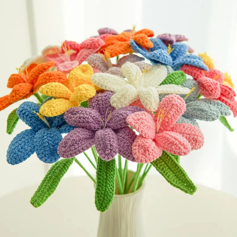 New Hand-Knitted Flowers Artificial Tulips Bouquet Cotton Yarn Crochet Fake Flowers for Wedding Home Table Decor New Year Gifts