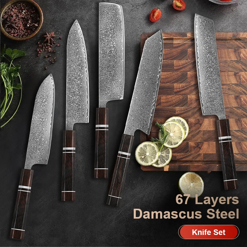 1–5 Stück japanisches handgeschmiedetes Kochmesser, 67-lagiger Damaststahl, Küchenmesser, Slicer, Fleisch, Kochutensilien, Ebenholzgriff