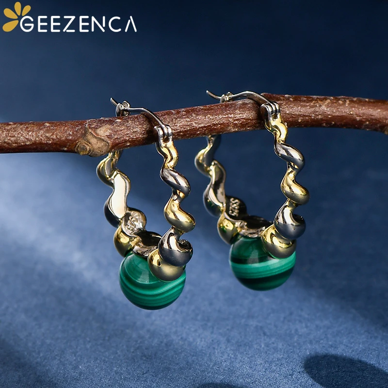 GEEZENCA Natural Malachite 925 Sterling Silver Dangle Earrings Women Dichroic Plating Spiral Twisted Chic Earring 2023 New Gift