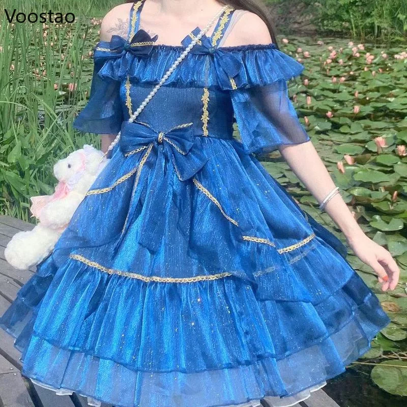 Giapponese dolce notte artica Lolita vestito da principessa ragazze carino Chic volant fiocco di pizzo abiti da festa donne Kawaii blu Mini abiti