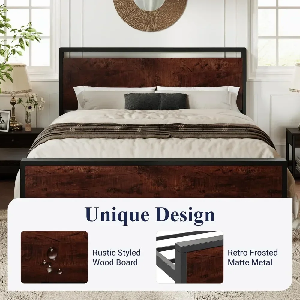 Platform bed frame with wooden headboard and footrests, heavy-duty 12 metal slats support, no box springs required