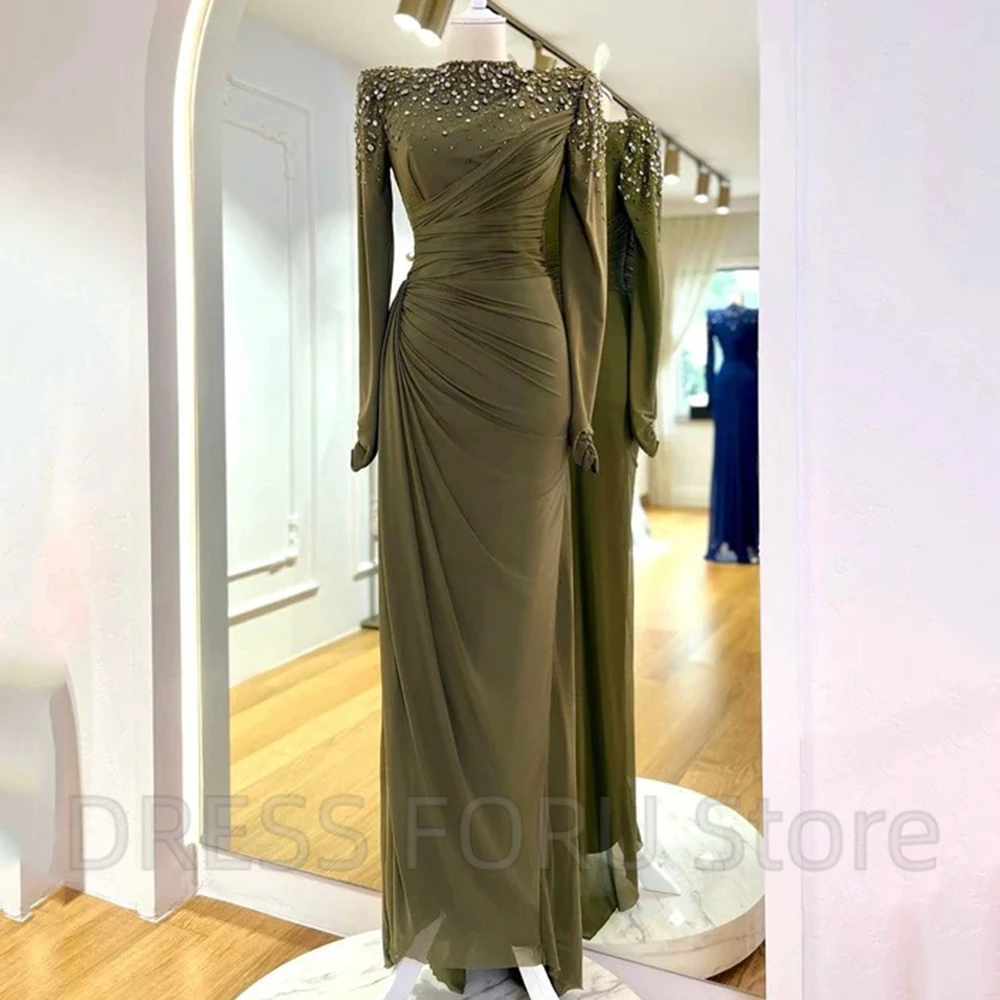 Vintage Pleat Beading Evening Dress Sheath Long Sleeve Floor Length Women Party Banquet Zopper Gowns Custom Made for Event