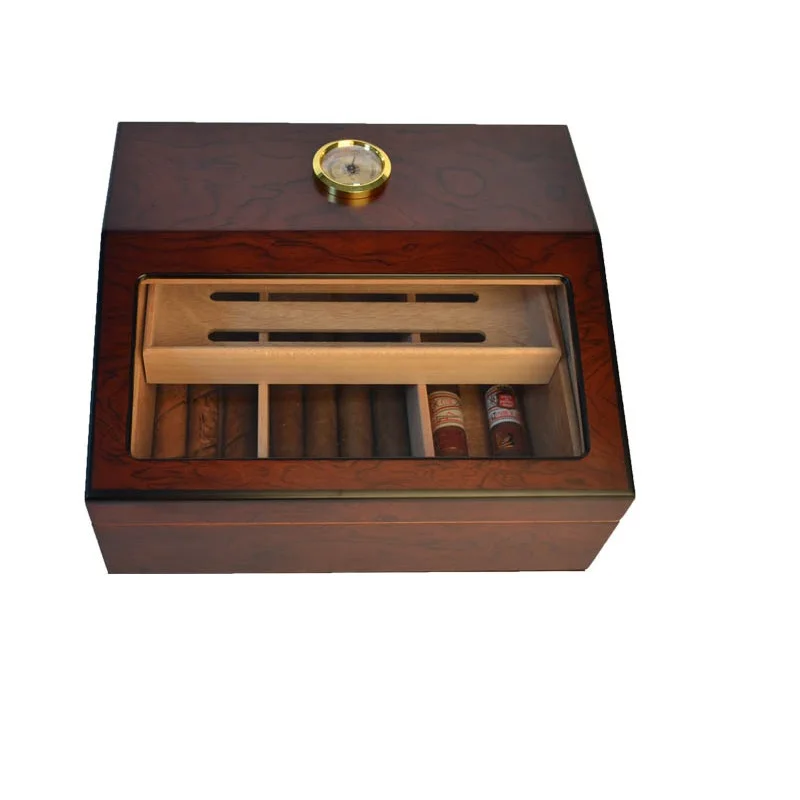 Classic Mirror Glass Window Cigar Humidor Purple Wooden Storage Box with Cedar Wood Liner Moisturizing Portable Cigar Case﻿