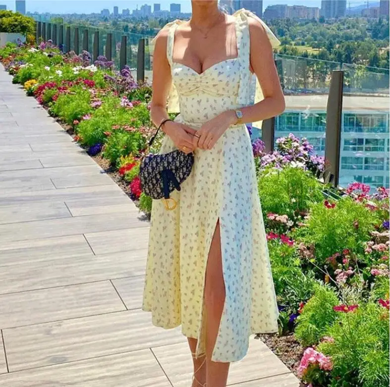 ชุดเดรสลายดอกไม้ยาวปานกลาง สไตล์เซ็กซี่ ผ่าข้าง มีสายคาดเอว ดีไซน์ทันสมัย เหมาะสำหรับใส่ไปทำงาน ทรงเอไลน์ เอวสูง