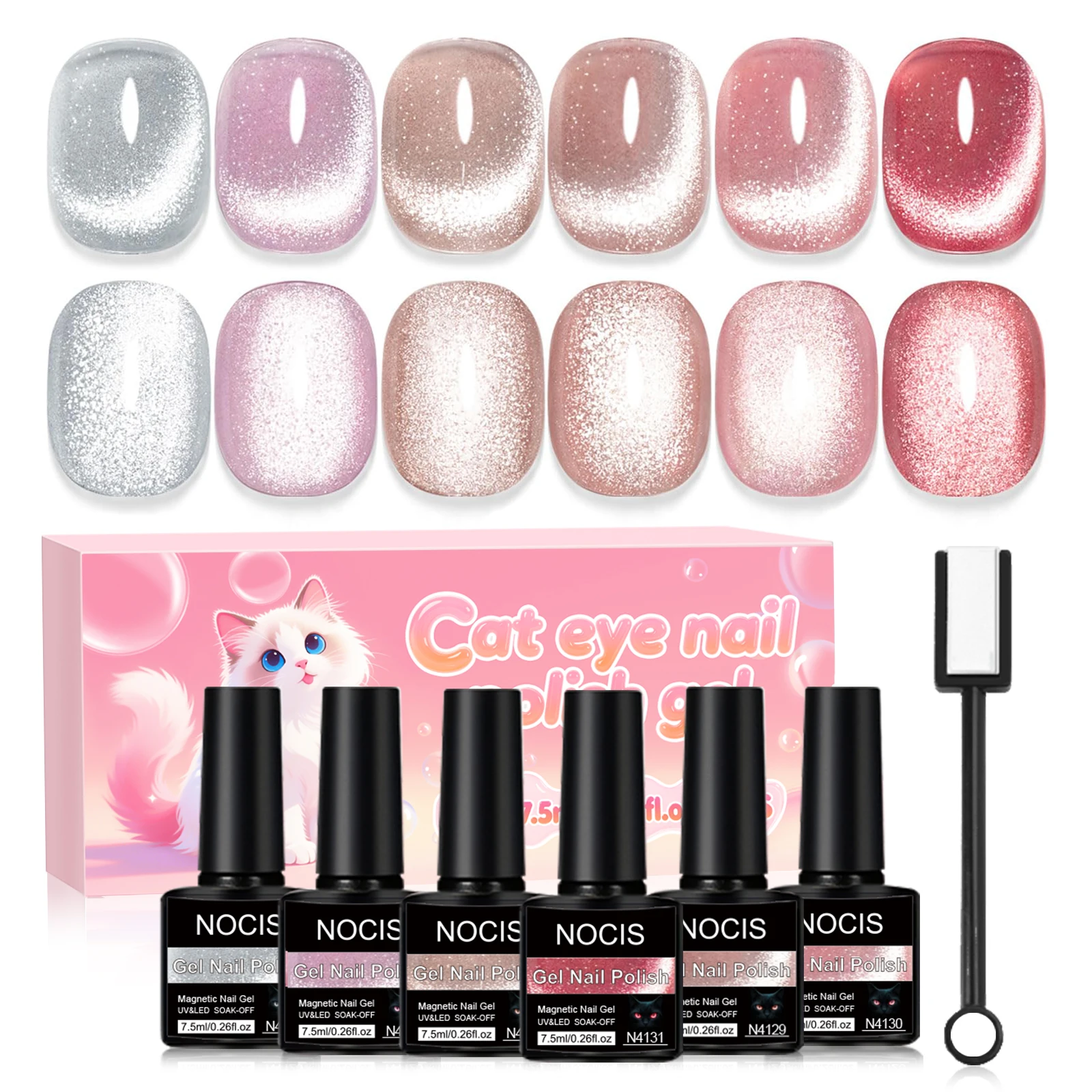 

6pcs 7.5ml New Popular Reflective Cat's Eye Magnetic Nail Gel Semi Permanent Nail Art Soaking LED Nail Salon DIY Nail Salon Gel