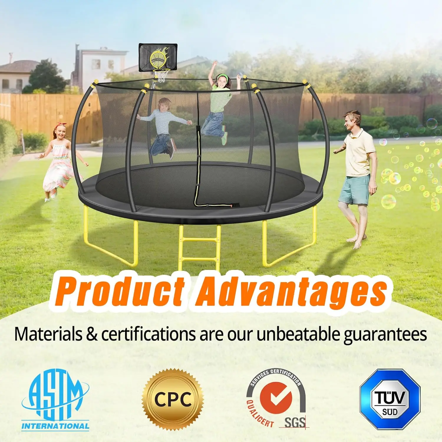 10FT Pumpkin Trampoline, Trampoline Outdoor with Basketball Hoop, Enclosure Net and Ladder, Recreational Trampoline