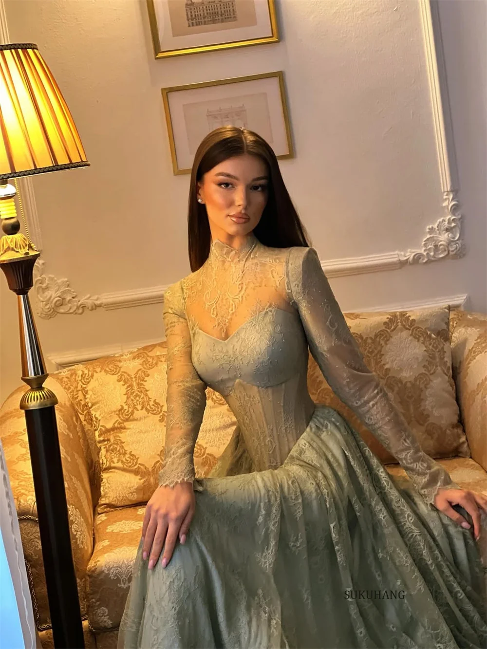 SUKUHANG verde cuello alto A-Line vestidos de noche largos de encaje de manga larga vestidos de graduación hasta el suelo Dubai personalizado
