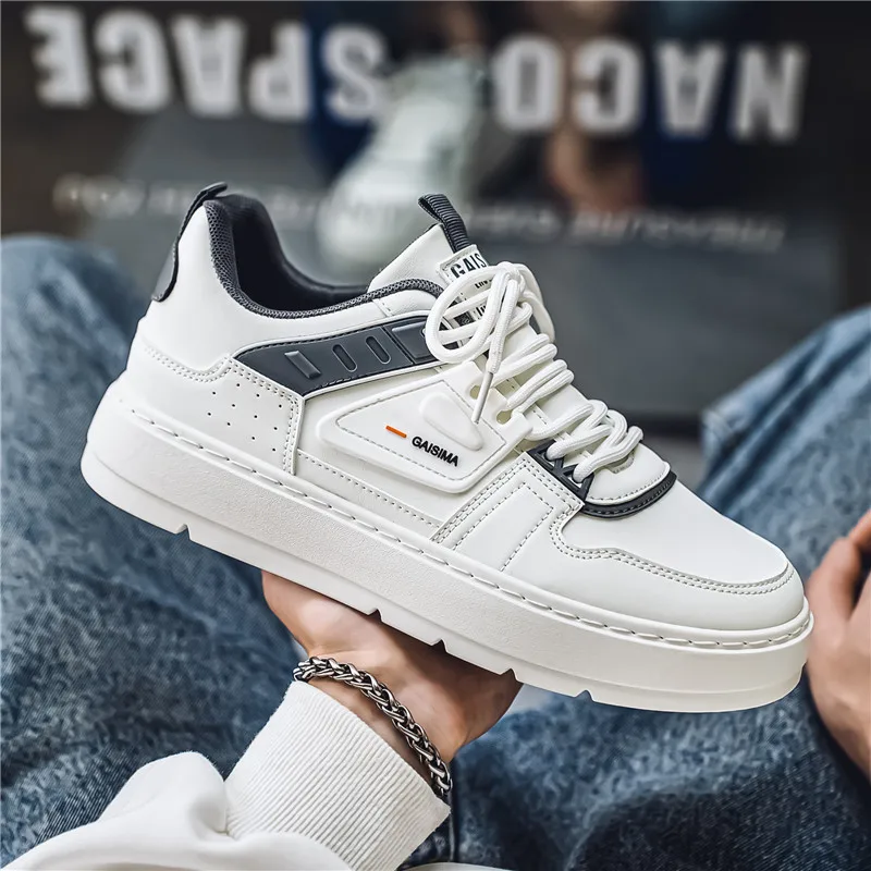 

Men's Fall Sporty Stylish High-ankle Comfortable Sneakers, Leather Surface, Anti-Slip, Lightweight, Thick Soles, White Sneakers