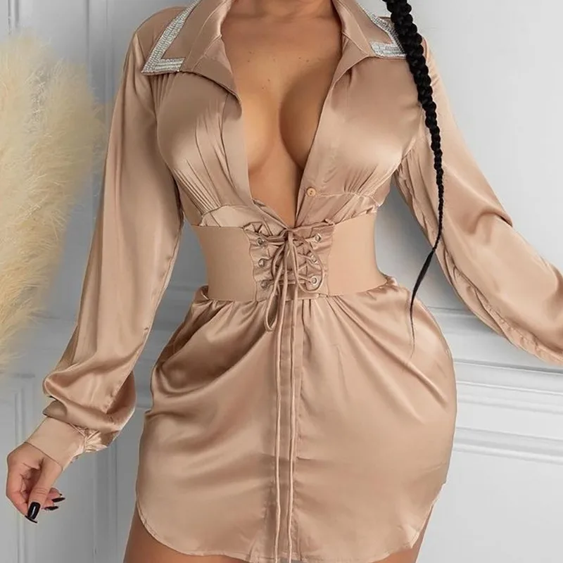 Women's Slim High Waist Bandage Mini Dress Spring Summer New Dress Shirt Women's Sexy Long Sleeve Turn-down Collar Dress