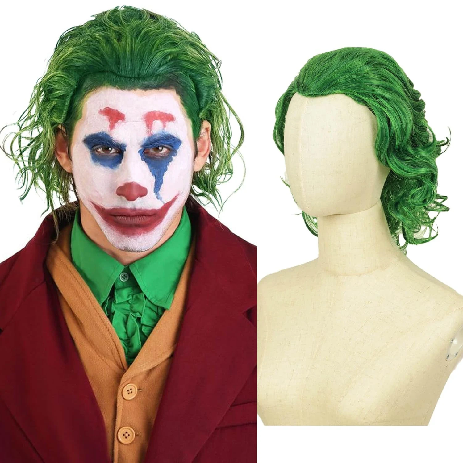 Men's Short Green Clown Wig - Complete Set Including Hair Net and Foam Red Nose, Long Curly Hair Clown Style Synthetic Hair