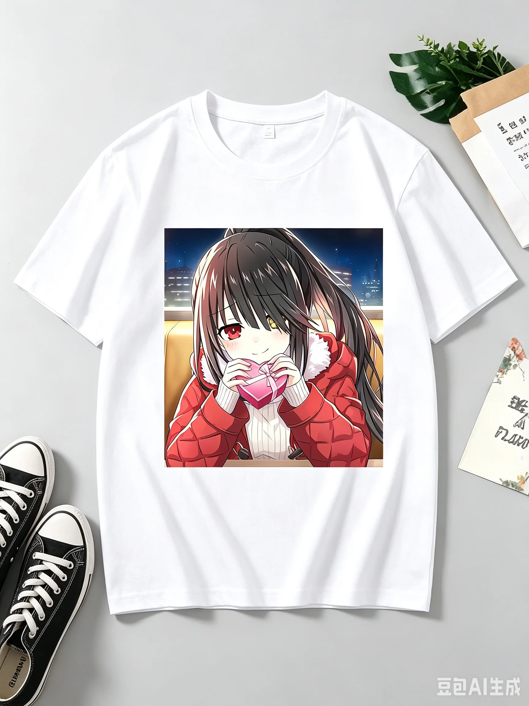 Kurumi Tokisaki Date A Live Heart Gift Night City Window Anime Frame Graphic Crew Neck Short Sleeve T-Shirt