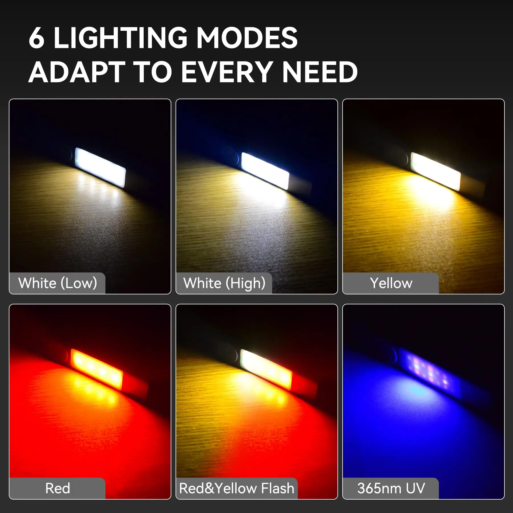 4-in-1 Multi Light Flashlight Independent Switches White/Yellow/Red/UV 365nm 1500LM Magnetic Base USB-C EDC Tactical Torch view 3
