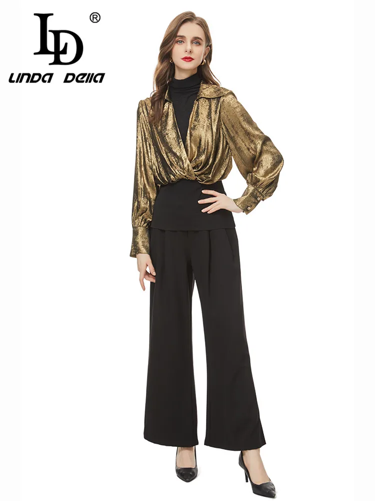 LD LINDA DELLA Autumn Winter korean Fashion Trousers Set Women Golden Splice Sweater Top+Button Straight Trouser 2 Pieces Set