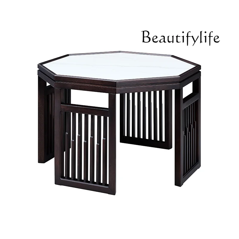 

New Chinese style all-solid wood rock slab tea table and chair combination household negotiation apartment ebony octagonal