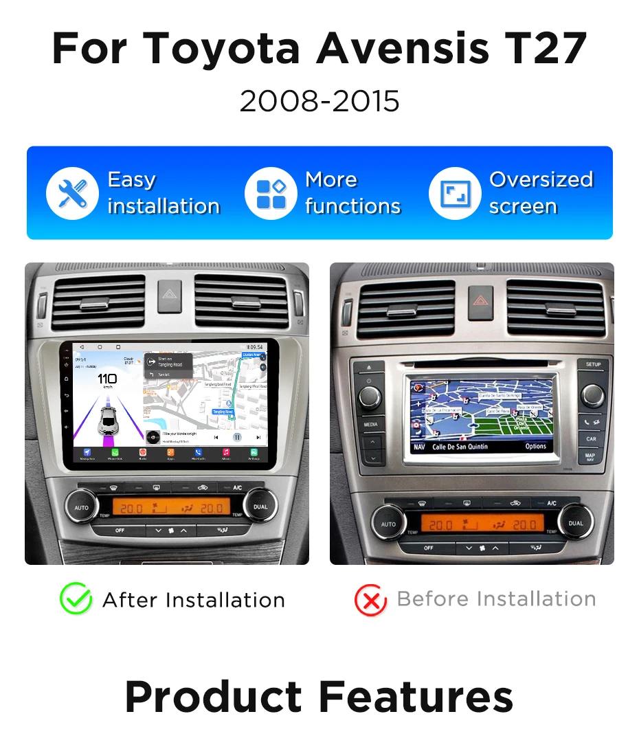 Junsun 360 ° Panoramakamera-Autoradio für Toyota Avensis T25 2002-2008, kabelloses CarPlay, Android Auto, Stereo, GPS-Navigation, RDS, WiFi – Detail 3