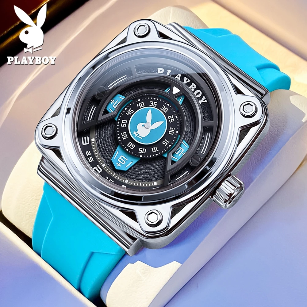 

Мужские часы PLAYBOY, повседневные квадратные спортивные кварцевые часы, водонепроницаемые светящиеся наручные часы с силиконовым ремешком 3512
