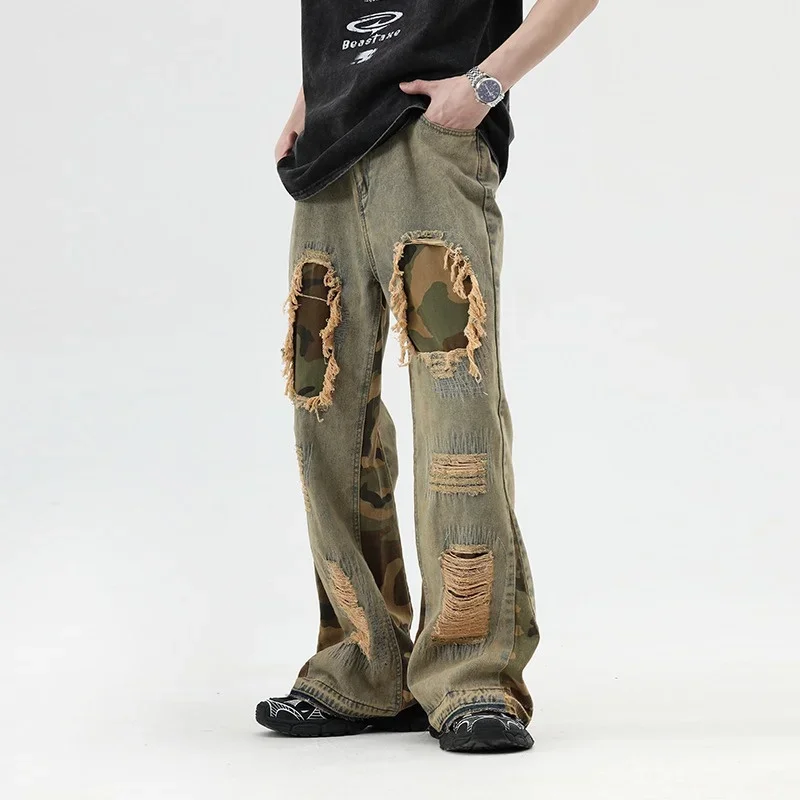 Hip Hop Camouflage Ripped Patchwork Denim Pants For Men Y2K Vintage Streetwear Wide Leg Jean 2025 New Distressed Baggy Jeans