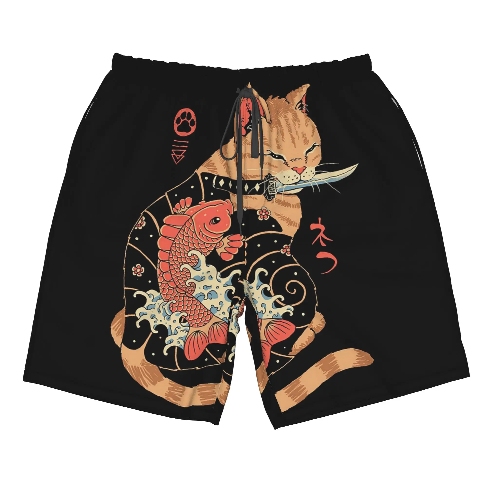 Anime Japanese Samurai Cat Trunks Beach Board Shorts Casual Quick Dry Swim Summer Men Pants
