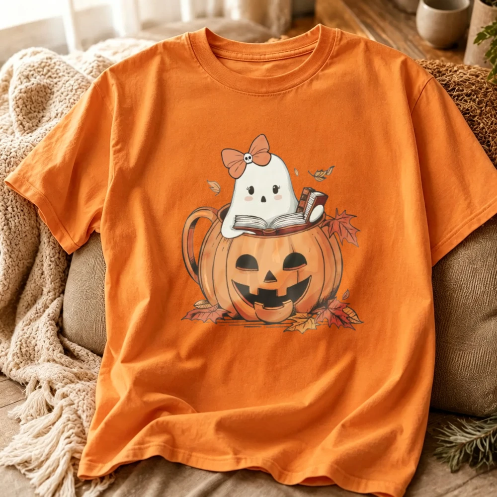 Cute Bow Ghost Reading Book Halloween T‑Shirt Sweet Ghost In Jack‑O‑Lantern Pumpkin Mug Fall Maple Leaf Cozy Autumn Lover Tees