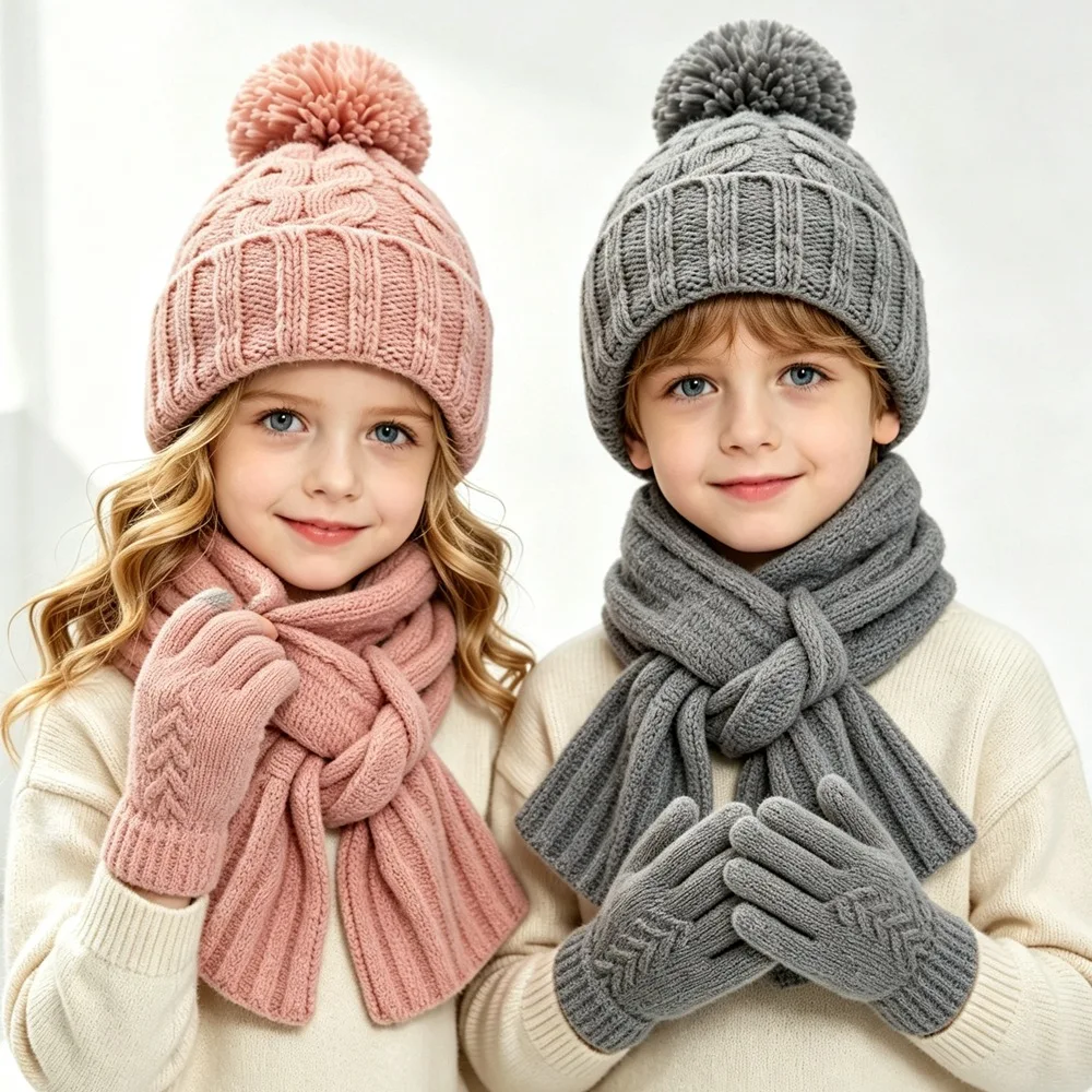 男の子・女の子用、厚手のケーブル編み帽子、マフラー、手袋のセット。無地の冬用防寒帽子キット。学生向けの屋外用防寒アクセサリー。