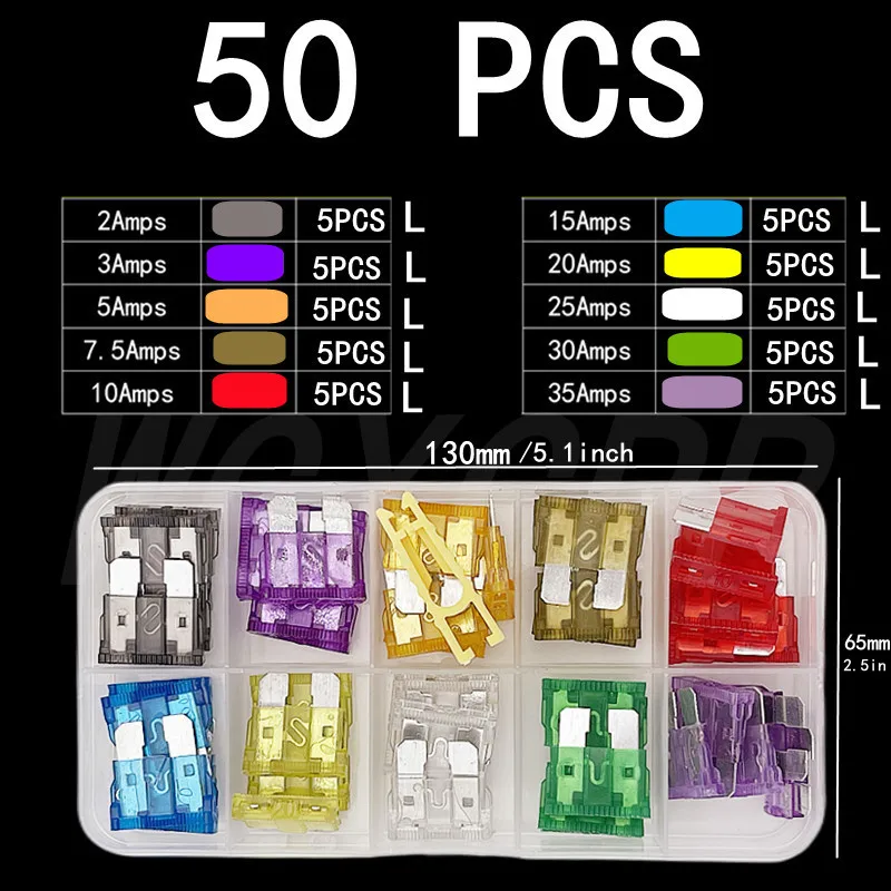 50/100 Pcs Automotive Fuse Kit, Medium Size, Blade Type for Marine Use, Automotive, 2A 3A 5A 7.5A 10A 15A 20A 25A 30A 35A