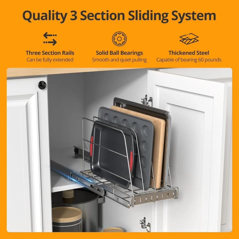 Stainless Steel Pull Out Cabinet Organizer for Cutting Boards & Bakeware - Heavy Duty Sliding Rack (9x16.5in)