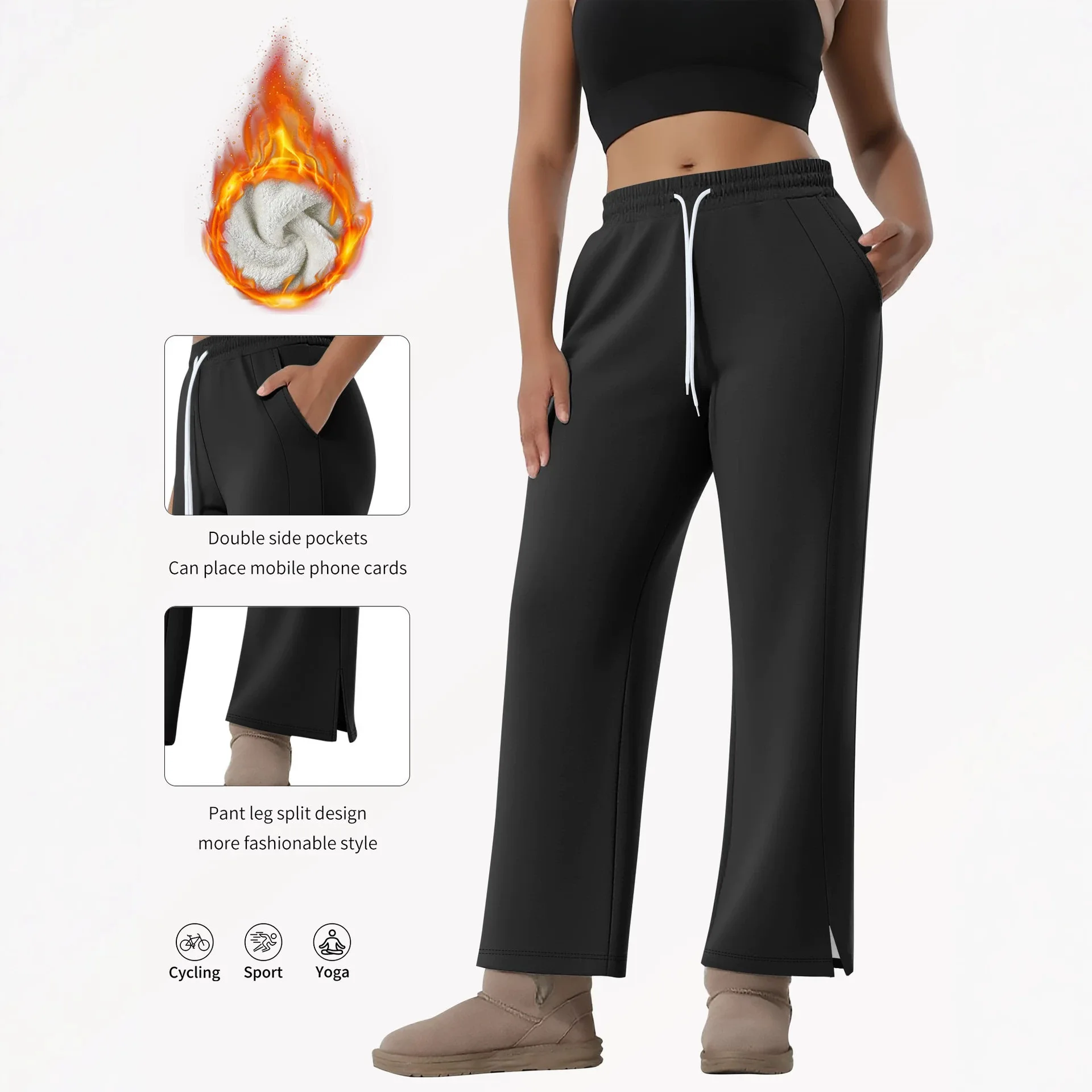 Women Fleece Lined Wide Leg Pants Winter Thick Thermal Warm Trousers Drawstring Waist Slant Pockets Split Hem Casual Pants