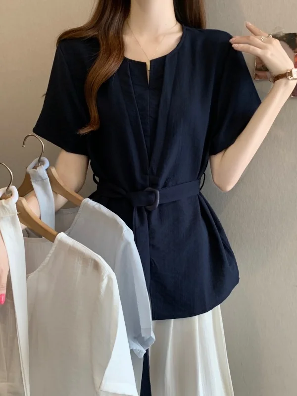 

plus Size Casual Women's Shirt Slit Design Leg Lengthening Belted Slimming Mid-Length Casual Fashion Polyester Fiber