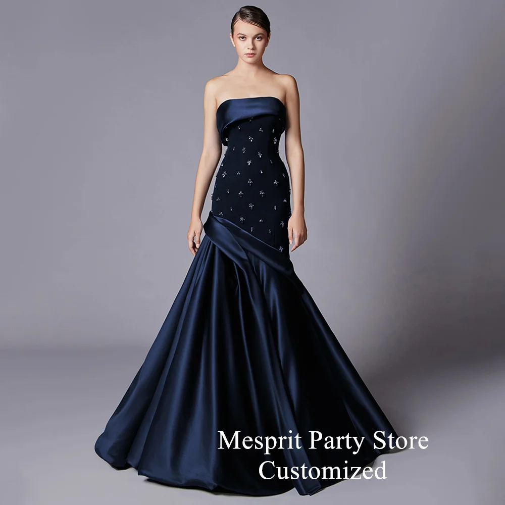 Arabian Prom Dress Mermaid Evening Gown Customized Strapless Sleeveless Crystal Stone Backless Saud Arabic Party Dresses