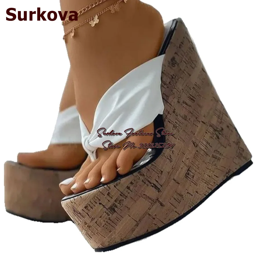 Surkova Wooden Pattern Wedged Heel Clipped Toe Slippers High Platform White Patchwork Slip-On Sandals Women Sky High Dress Shoes